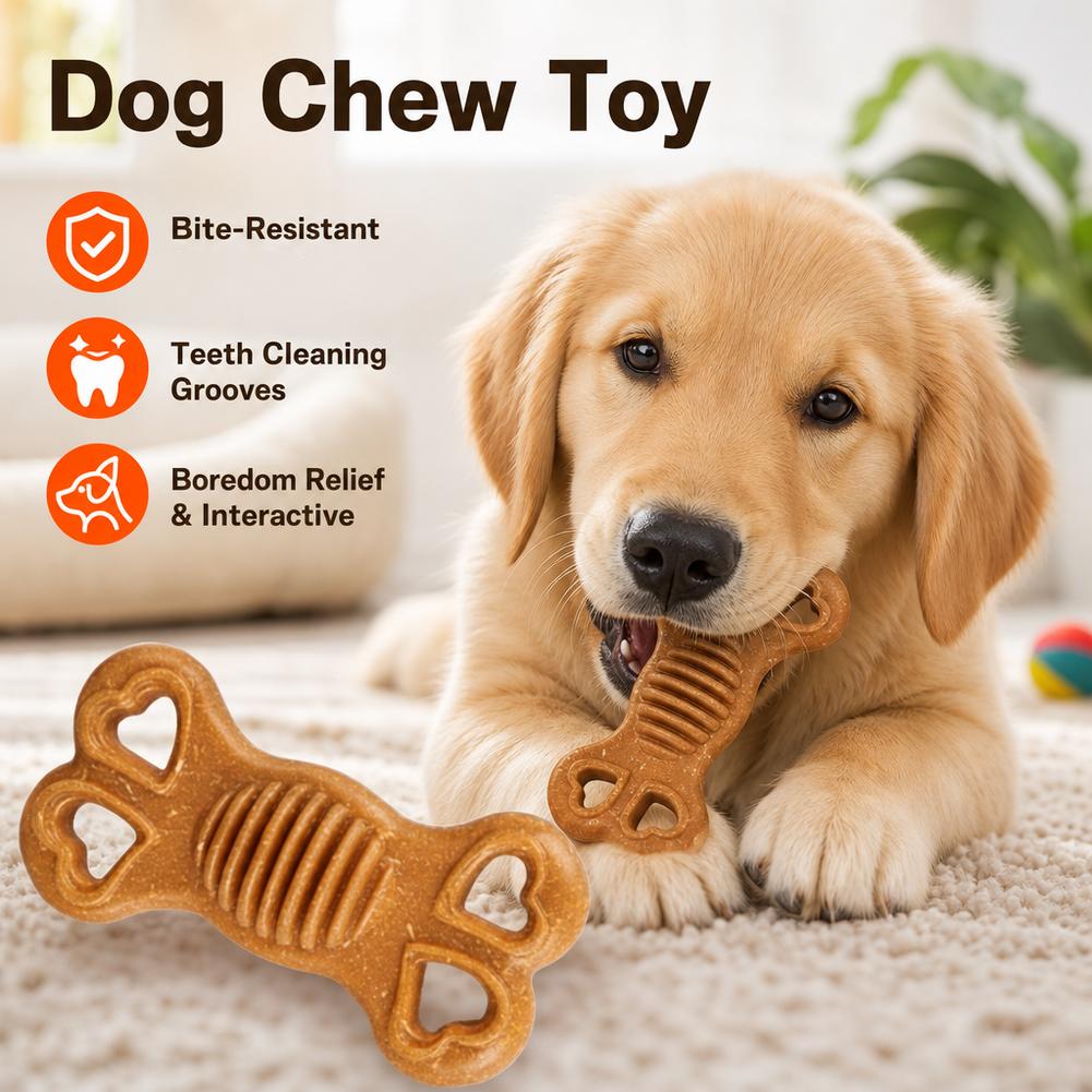 Teeth Cleaning Dog Chew Bone - 壊れにくい犬用噛むおもちゃ、骨型、噛む力が強い犬向け、歯のクリーニングに役立つ溝付き、噛みつきに強い、子犬用、歯が生え変わる時期の犬用、ペット用品。
