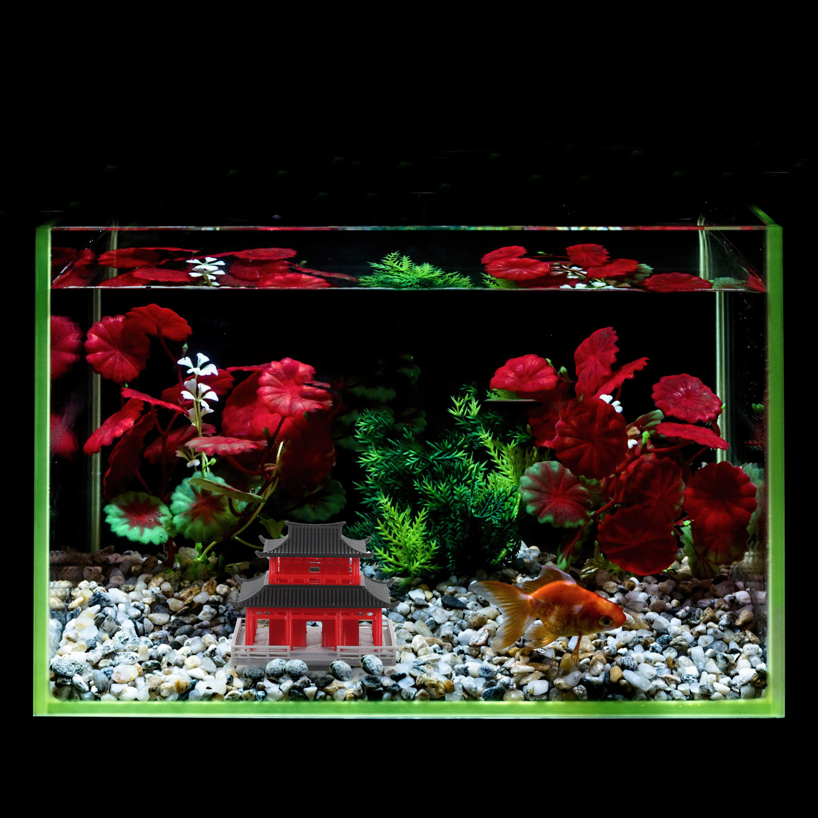 中国風の古代パビリオン、黒と赤の水槽装飾、水景、魚のいる小さ - Aquarium のレビューと価格